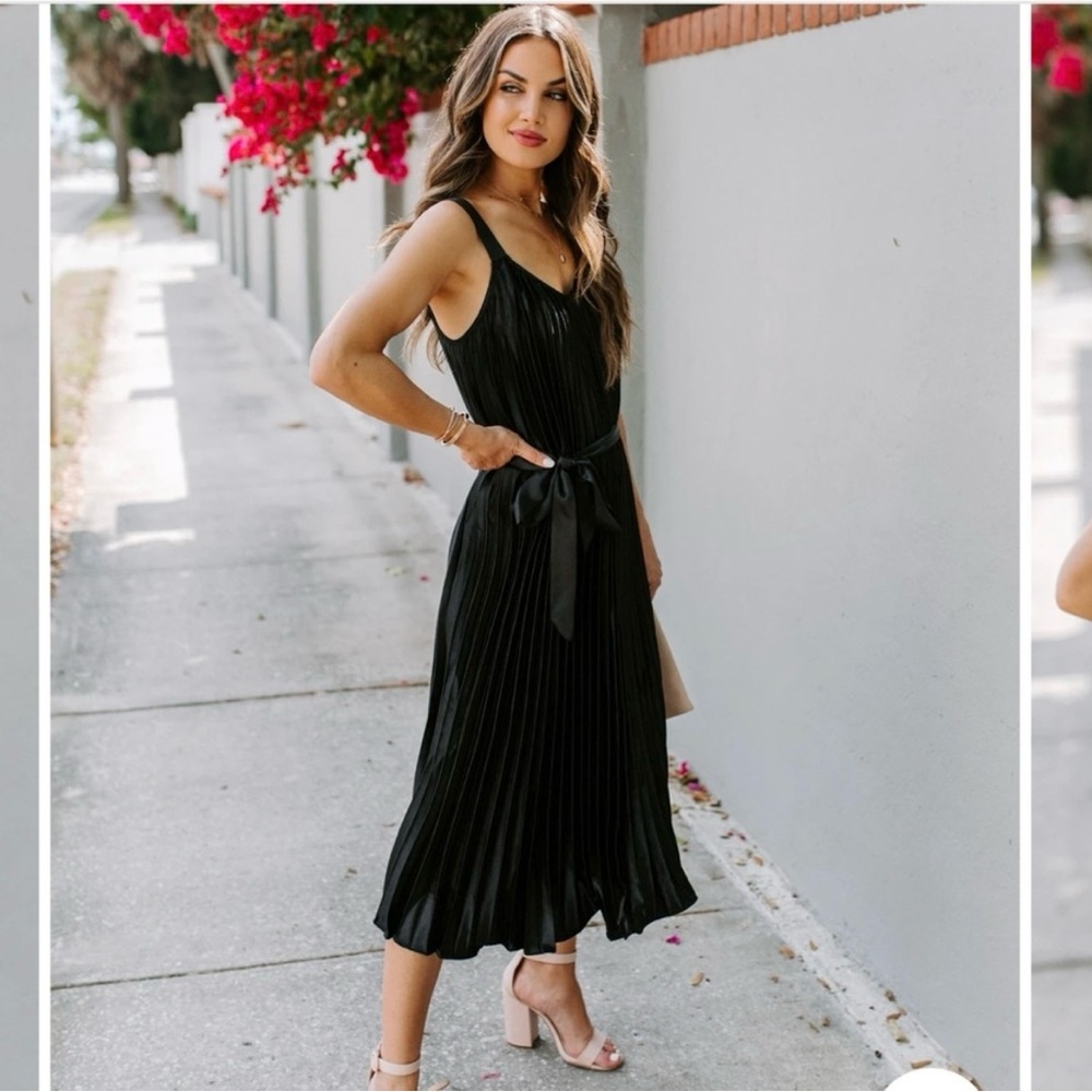 VICI Black Satin Pleated Midi Dress Tie Waist - NEW